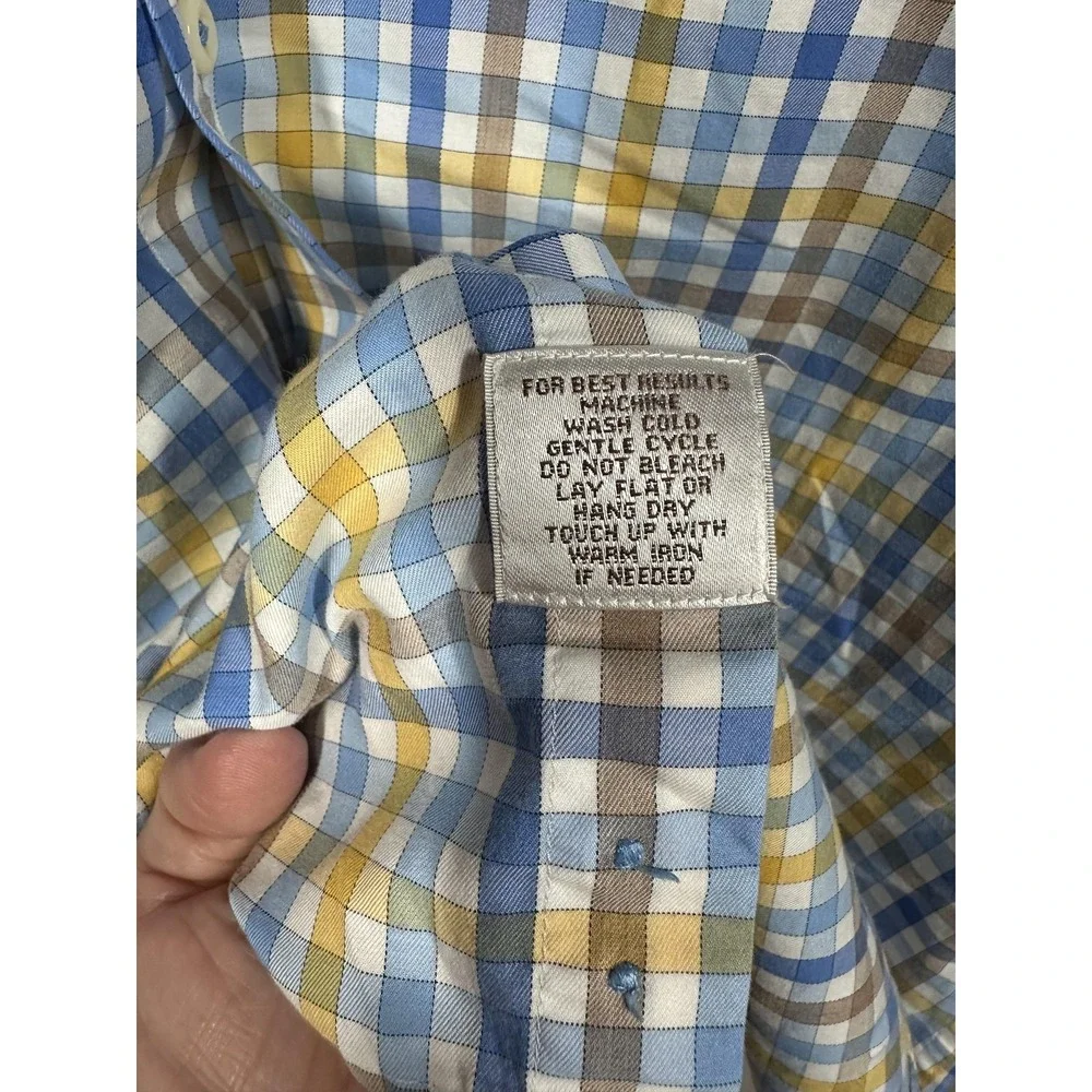 Peter Millar Shirt Mens Medium Blue Yellow Plaid Check Button Down Short‎ Sleeve